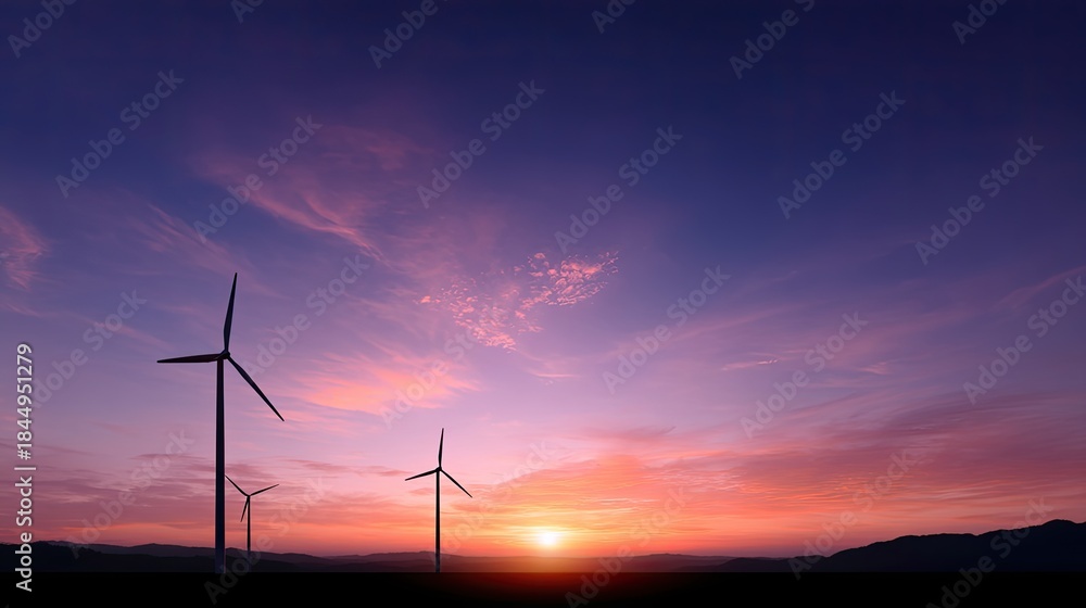 Obraz premium Serene Twilight Over Wind Turbines with Vibrant Sunset Colors and Scenic Mountain Range in Background for Renewable Energy Concepts