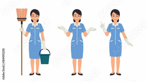 Female cleaner in blue uniform with broom, bucket, and various hand gestures.