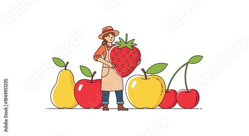 Female farmer in a hat and apron proudly holding a giant strawberry, standing among a variety of large, fresh fruits like apples, pears, and cherries.