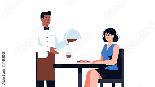 A waiter in a uniform serves a cloche-covered dish to a woman dining at a restaurant table.
