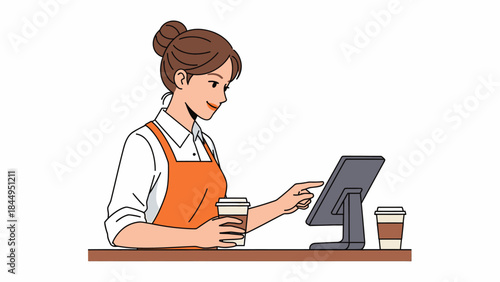 Woman barista using a touchscreen POS system with coffee cups.