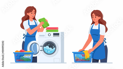 Woman doing laundry, putting clothes into washing machine and folding clean clothes.