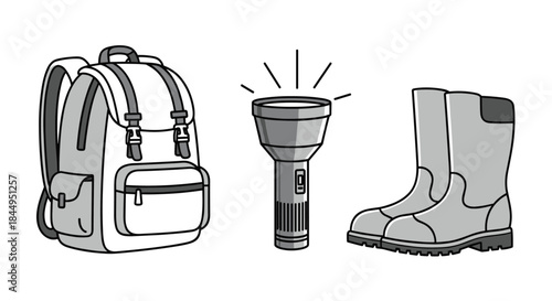 Set of three essential hiking and camping items in a simple black and white line art style, featuring a backpack, a flashlight, and boots.