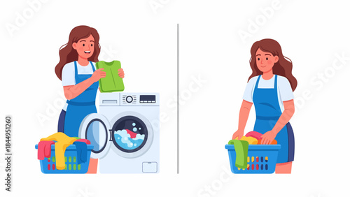 Woman doing laundry, putting clothes into washing machine and holding a basket of clean clothes, household chores concept.