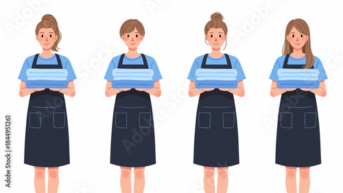 Four women in blue shirts and aprons holding folded blue towels, standing in a row.