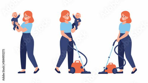 A woman with red hair holding a baby while vacuuming the floor, illustrating multitasking and motherhood.