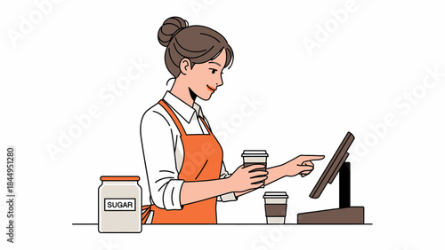 Smiling female barista in an orange apron taking an order at a coffee shop using a touch screen POS system.