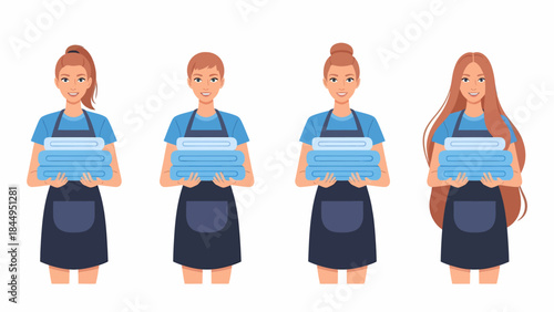 Four women in aprons holding stacks of blue towels, representing service staff.