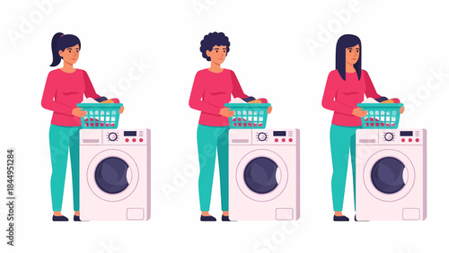Three women with different hairstyles doing laundry, each holding a basket of clothes next to a washing machine.