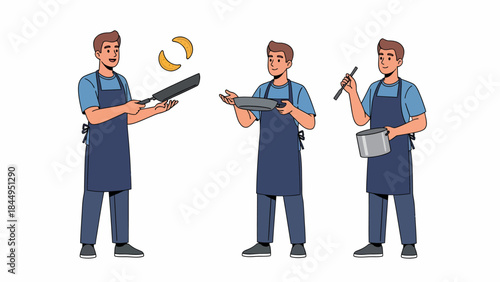 A man in an apron cooking, flipping pancakes, holding a pan, and stirring a pot, demonstrating various culinary activities.