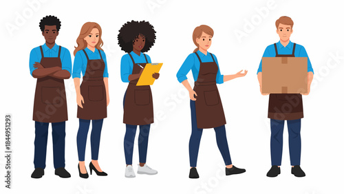 Diverse group of five service staff members wearing aprons and blue shirts, performing various tasks.