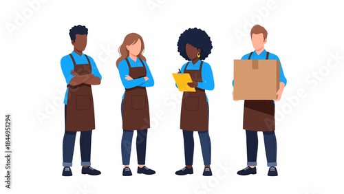 Diverse group of four workers wearing aprons in a business setting.