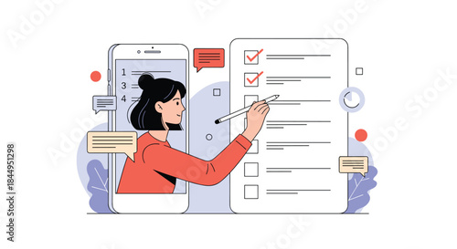Woman using a stylus to complete an online survey or checklist on a giant digital form, with her smartphone displaying the list numbers.