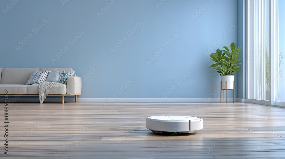 custom made wallpaper toronto digitalModern living room with hardwood floor, robotic vacuum cleaner in action, minimalist design, natural light, contemporary furniture, plant for decor