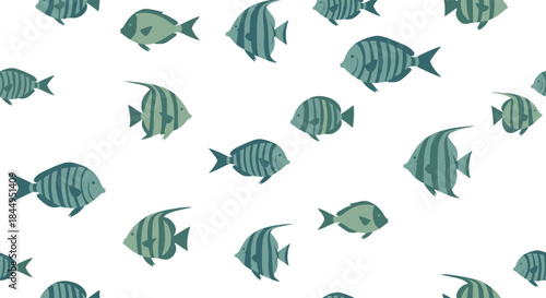 Simple and modern seamless pattern of stylized green and blue tropical fish swimming in various directions on a clean white background.