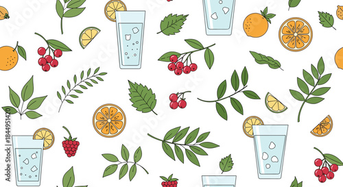Seamless pattern with hand-drawn summer refreshment elements, including glasses of sparkling water, orange slices, berries, and green leaves.
