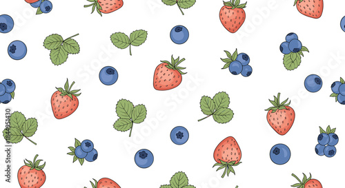 Seamless summer pattern with hand-drawn strawberries, blueberries, and green leaves scattered across a clean and simple white background.