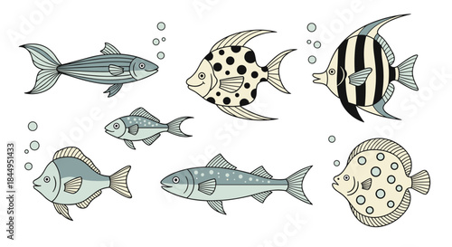 Set of seven uniquely designed decorative fish illustrations in a stylized cartoon manner, featuring various patterns like stripes and spots.