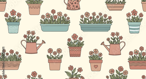 Seamless pattern featuring charming potted flowers in various pots, window boxes, and watering cans in a simple, rustic terracotta color palette.