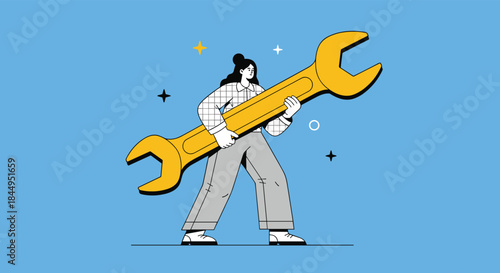 Stylized illustration of a confident woman in a plaid shirt holding a giant yellow wrench, symbolizing repair, problem-solving, and female empowerment.