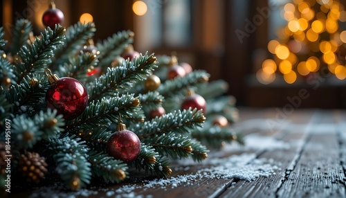 Close up of Festive Christmas Fir Branches with Red Ornaments and Bokeh Lights