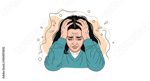 Illustration of a person with a distressed and pained expression, clutching their messy hair in despair, symbolizing stress, anxiety, or a headache.