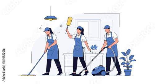 Professional cleaning service team wearing blue uniforms and working together to clean a kitchen, with staff mopping, dusting, and vacuuming.