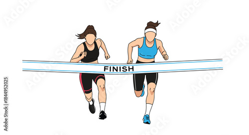 Two female runners in athletic gear racing side-by-side as they cross the finish line of a marathon or competition together.