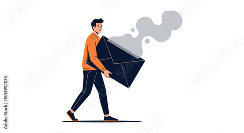 Worried man carrying a large, heavy black envelope with smoke coming out, symbolizing the burden of bad news, spam, or a virus.
