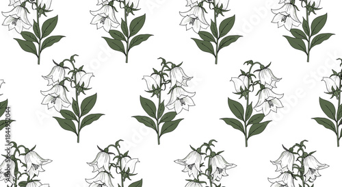 Elegant seamless botanical pattern featuring hand-drawn white bellflowers with green leaves, creating a delicate and classic floral background design.