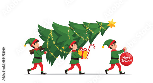 Three cheerful Christmas elves in a line, working together to carry a decorated tree, a gift box, and a large red holiday ornament.