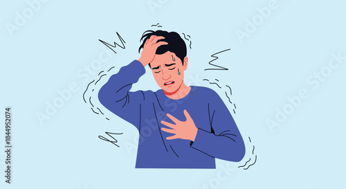 Young man experiencing a panic attack or severe anxiety, shown with a distressed expression, sweating, and holding his head and chest.