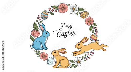 Happy Easter greeting card design featuring a beautiful wreath of flowers and leaves with three cute rabbits and colorful decorated eggs.