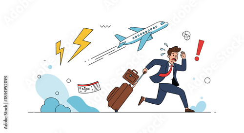Stressed businessman in a suit running frantically with his luggage to catch a flight, missing the airplane as it takes off behind him.