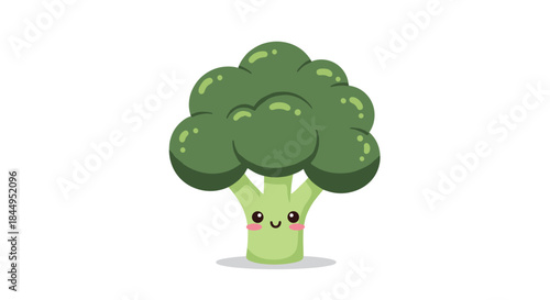 Adorable and healthy kawaii broccoli character with a cute smiling face and rosy cheeks, representing fun vegetarian and vegan food for kids.
