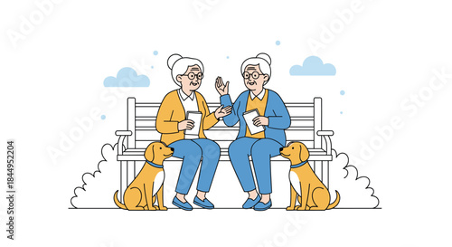 Two elderly female friends sitting on a park bench and having a friendly conversation, accompanied by their two golden retriever dogs.