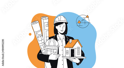 Professional female architect or engineer in a hard hat holding blueprints and a model of a house, representing construction and design.