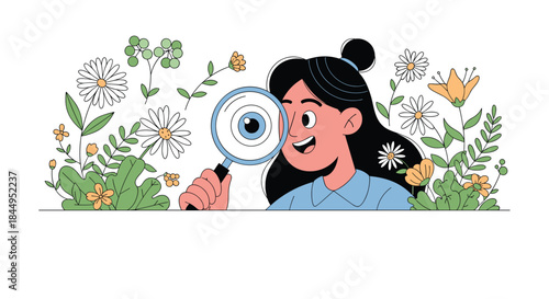 Curious young girl surrounded by flowers and plants, looking through a magnifying glass to explore the details of nature and botany.