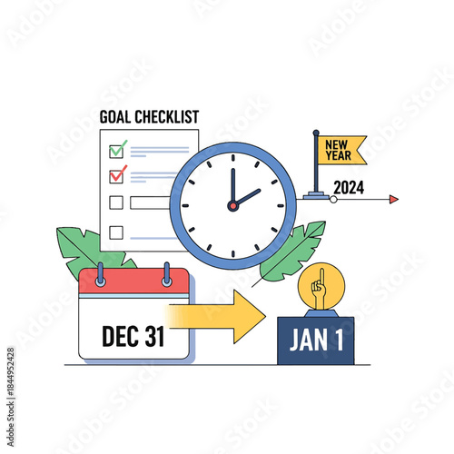 New Year 2024 Goal Checklist Illustrations with Calendar and Clock, symbolizing planning and achievement for the upcoming year