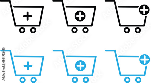 This icon set represents the add to cart concept commonly used in e-commerce platforms
