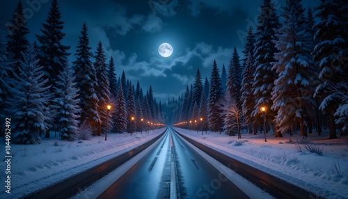 Full Moon over Snowy Winter Forest Road with Glowing Streetlights