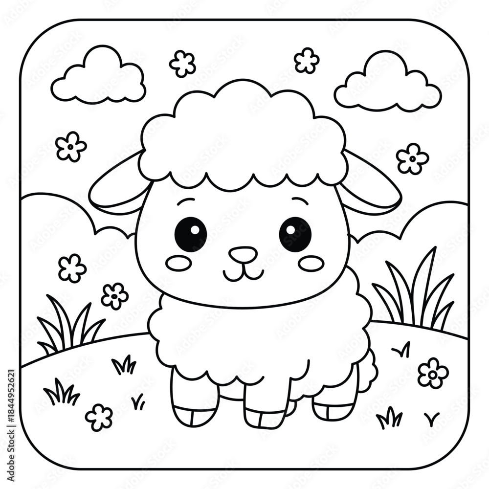 Fototapeta premium Cute Baby Sheep Coloring Page – Adorable Farm Animal Line Art for Kids