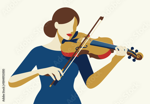 Flat vector illustration of a classical violinist performing, elegant posture, solid colour palette, smooth geometric shapes, minimalist design