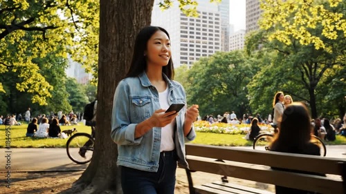 Woman in denim jacket using phone in park with cyclists and people.