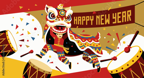 "Traditional Chinese lion dance performer jumping in celebration, confetti and drums, bold vector shapes, dynamic composition, New Year theme"