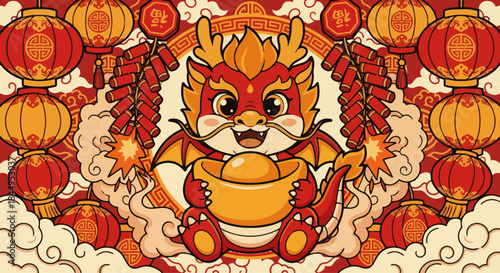 "Cute baby dragon holding a golden ingot, surrounded by firecrackers and lanterns, red-and-gold vector illustration, clean outline, flat festive style"