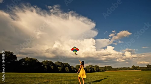 Woman in yellow dress flying a colorful kite in a green field under a blue sky.