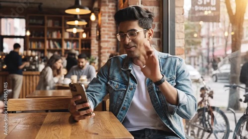 Young man enjoys a video call at a cafe, smiling and gesturing.