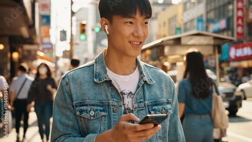 Young Asian Man Using Smartphone on Busy City Street, Smiling and Walking.