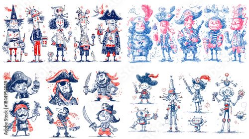 Playful watercolor pirate character illustration set with expressive poses and costumes perfect for kids games storybooks stickers and adventurous fantasy themes.